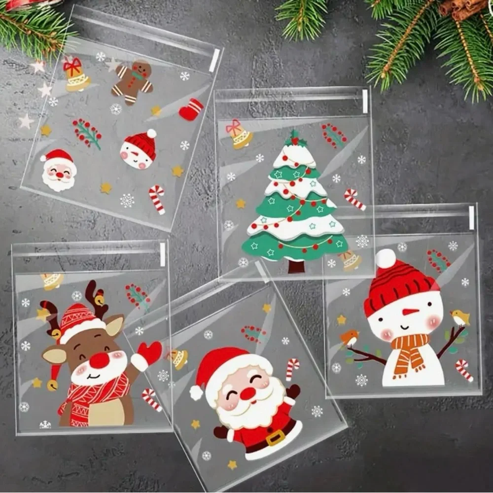 Christmas Self-Adhesive Transparent Plastic Gift Bags 25 ct w/ 5 Designs-NIP